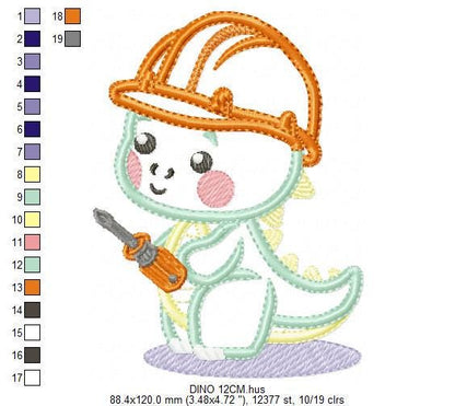 Dinosaur embroidery designs - Constructor Dino embroidery machine embroidery pattern - Contractor Safety Helmet Applique - Instant download