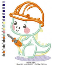 Load image into Gallery viewer, Dinosaur embroidery designs - Constructor Dino embroidery machine embroidery pattern - Contractor Safety Helmet Applique - Instant download
