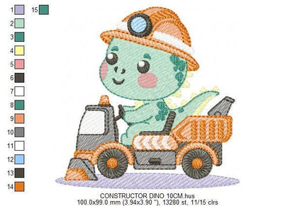 Dinosaur embroidery designs - Constructor Dino embroidery design machine embroidery pattern - Baby Boy builder bulldozer - Instant download