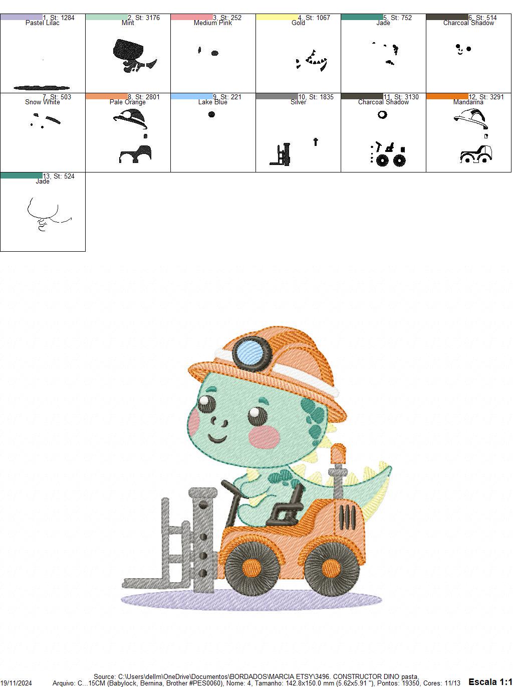 Dinosaur embroidery designs - Constructor Dino embroidery design machine embroidery pattern - Baby Boy builder fork-lift - Instant download