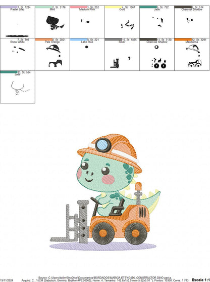 Dinosaur embroidery designs - Constructor Dino embroidery design machine embroidery pattern - Baby Boy builder fork-lift - Instant download