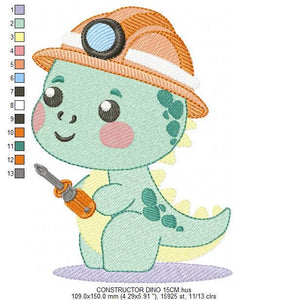 Dinosaur embroidery designs - Constructor Dino embroidery design machine embroidery pattern - Baby Boy builder contractor - Instant download