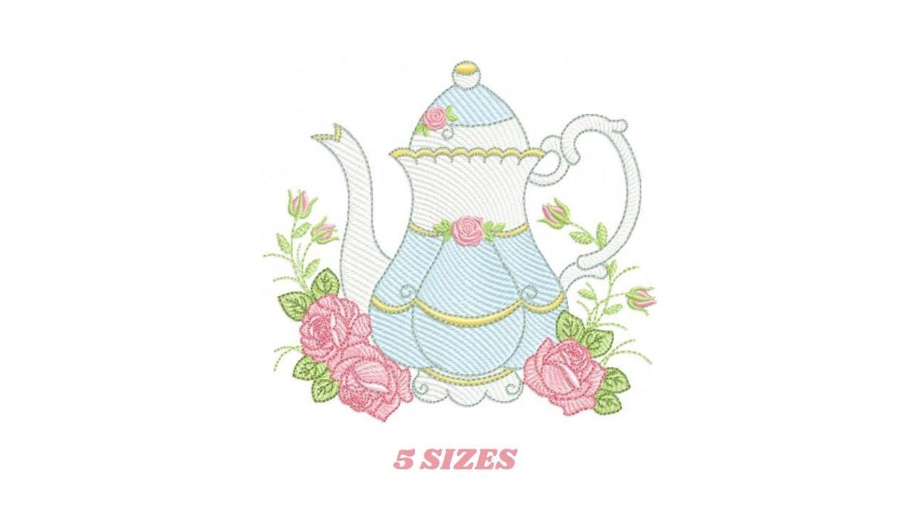 Teapot wih roses embroidery design - Cup with flowers embroidery designs machine embroidery pattern - Kitchen Towel file - Instant download