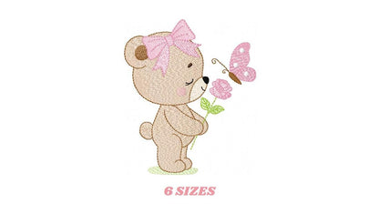 Female Bear embroidery designs - Bear with lace and butterfly embroidery design machine embroidery pattern - Flower bow - Instant download