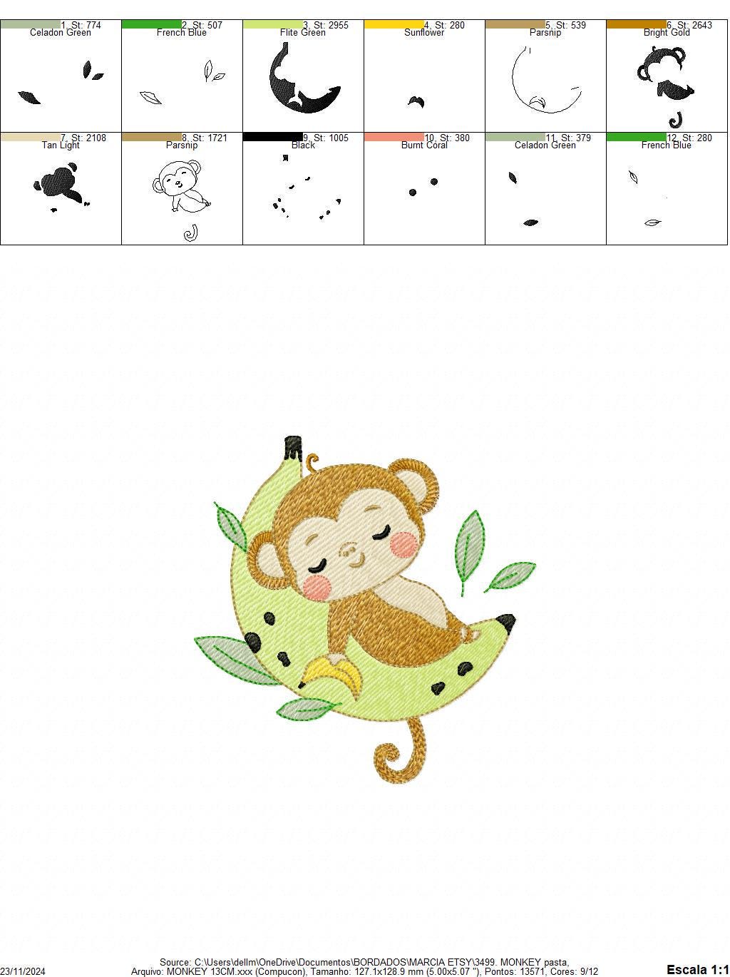 Sleeping Monkey embroidery designs - Animal Monkey with banana embroidery design machine embroidery pattern - Instant download pes jef dst