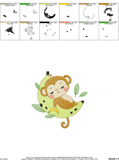 Sleeping Monkey embroidery designs - Animal Monkey with banana embroidery design machine embroidery pattern - Instant download pes jef dst