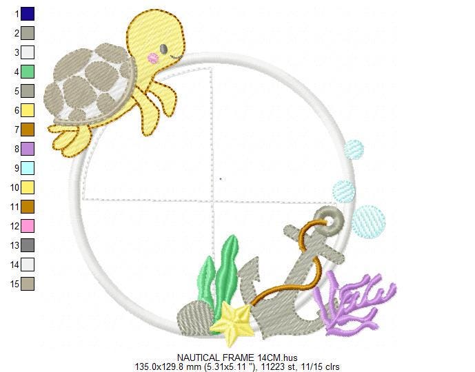 Turtle and seaweed Frame embroidery design - Ocean anchor embroidery designs machine embroidery pattern - Frame Applique - Instant download