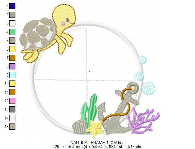Turtle and seaweed Frame embroidery design - Ocean anchor embroidery designs machine embroidery pattern - Frame Applique - Instant download