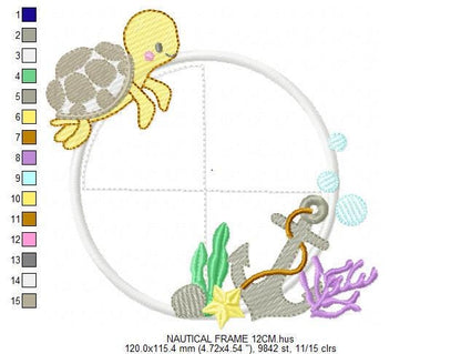 Turtle and seaweed Frame embroidery design - Ocean anchor embroidery designs machine embroidery pattern - Frame Applique - Instant download