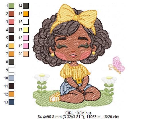 Girl embroidery designs - Afroamerican girl embroidery design machine embroidery pattern - Curly hair girl with lace - instant download pes