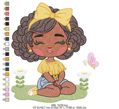 Girl embroidery designs - Afroamerican girl embroidery design machine embroidery pattern - Curly hair girl with lace - instant download pes
