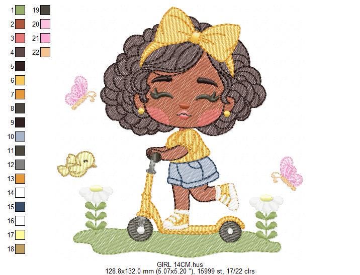 Girl embroidery designs - Girl with black hair embroidery design machine embroidery pattern - Curly hair girl with flower - Instant download