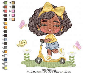 Girl embroidery designs - Girl with black hair embroidery design machine embroidery pattern - Curly hair girl with flower - Instant download