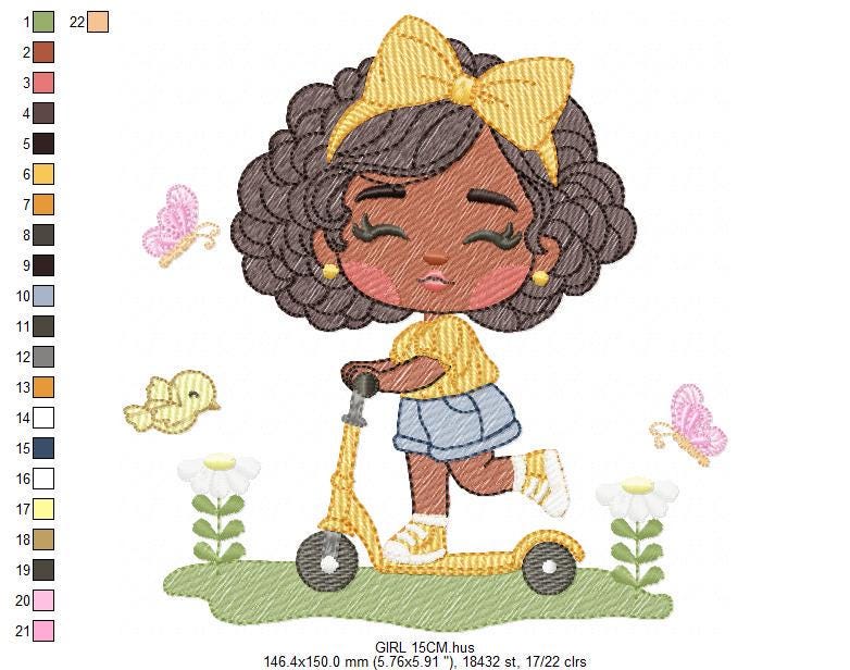 Girl embroidery designs - Girl with black hair embroidery design machine embroidery pattern - Curly hair girl with flower - Instant download