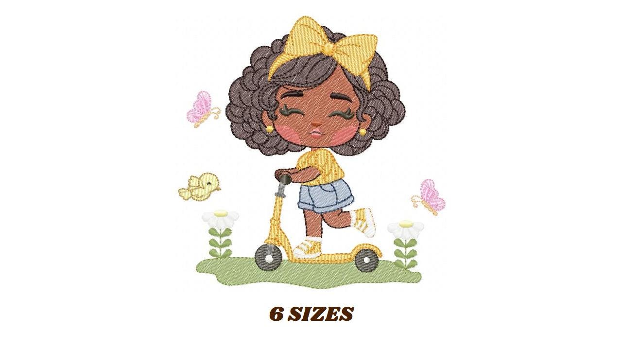 Girl embroidery designs - Girl with black hair embroidery design machine embroidery pattern - Curly hair girl with flower - Instant download