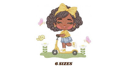 Girl embroidery designs - Girl with black hair embroidery design machine embroidery pattern - Curly hair girl with flower - Instant download
