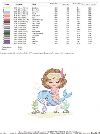 Whale embroidery designs - Diver Girl with snorkel design machine embroidery pattern - Ocean coral sea algae animal file - Instant download