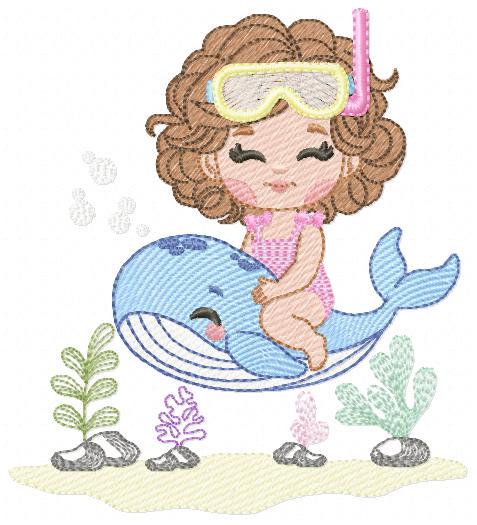Whale embroidery designs - Diver Girl with snorkel design machine embroidery pattern - Ocean coral sea algae animal file - Instant download