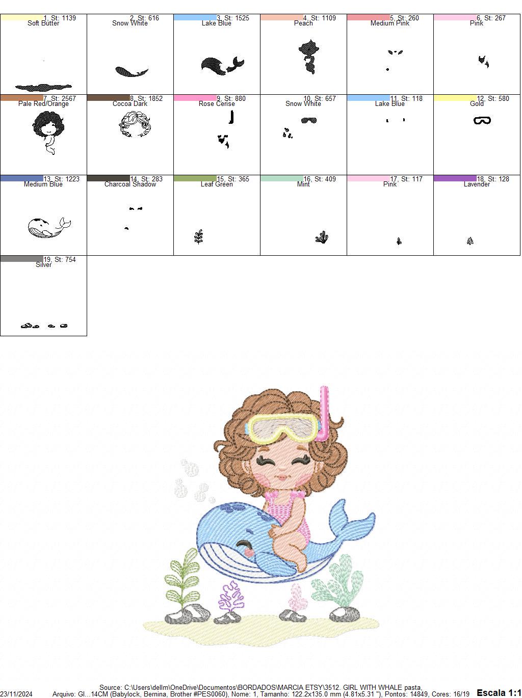 Whale embroidery designs - Diver Girl with snorkel design machine embroidery pattern - Ocean coral sea algae animal file - Instant download