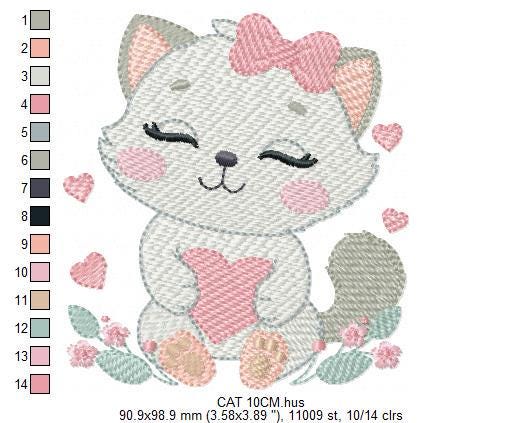 Cat with bow embroidery design - Female Kitty with heart embroidery designs machine embroidery pattern - Baby girl file - instant download