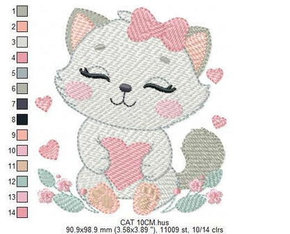 Cat with bow embroidery design - Female Kitty with heart embroidery designs machine embroidery pattern - Baby girl file - instant download