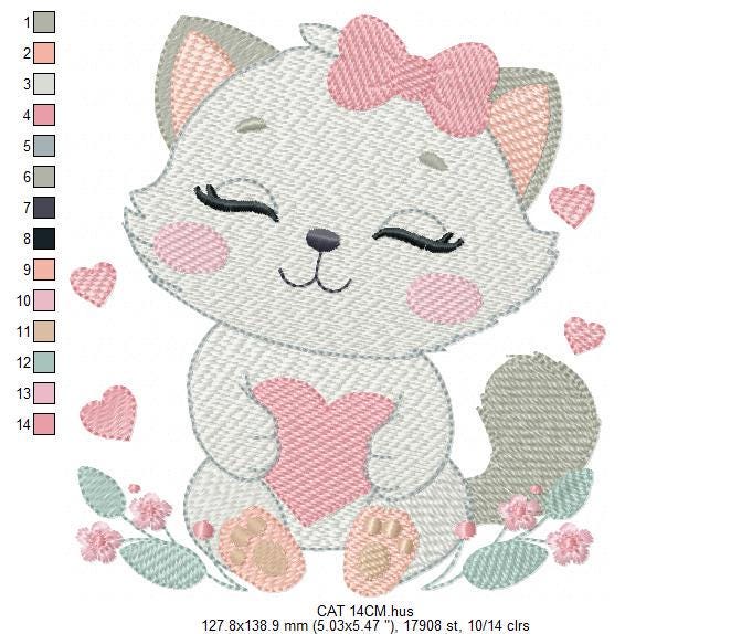 Cat with bow embroidery design - Female Kitty with heart embroidery designs machine embroidery pattern - Baby girl file - instant download
