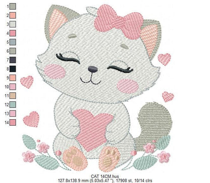 Cat with bow embroidery design - Female Kitty with heart embroidery designs machine embroidery pattern - Baby girl file - instant download