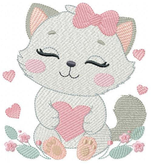 Cat with bow embroidery design - Female Kitty with heart embroidery designs machine embroidery pattern - Baby girl file - instant download