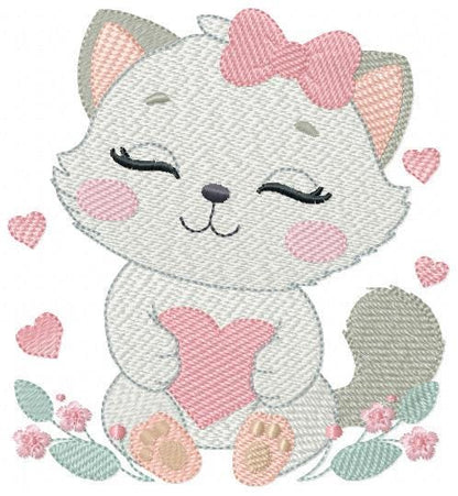 Cat with bow embroidery design - Female Kitty with heart embroidery designs machine embroidery pattern - Baby girl file - instant download