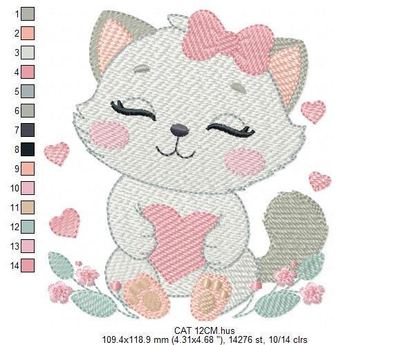 Cat with bow embroidery design - Female Kitty with heart embroidery designs machine embroidery pattern - Baby girl file - instant download