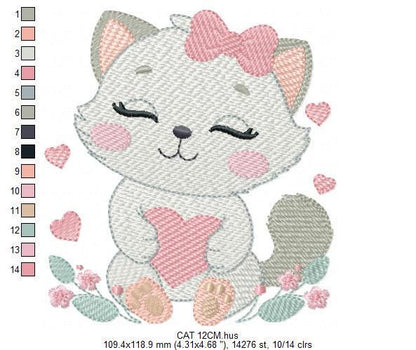 Cat with bow embroidery design - Female Kitty with heart embroidery designs machine embroidery pattern - Baby girl file - instant download