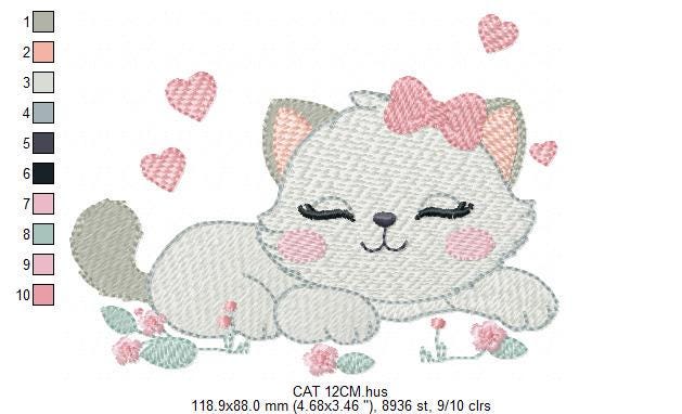 Sleeping Cat with bow embroidery design - Kitty embroidery designs machine embroidery pattern - Pet Baby girl file - Instant download pes