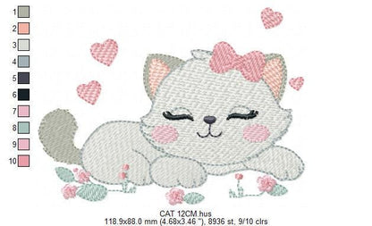 Sleeping Cat with bow embroidery design - Kitty embroidery designs machine embroidery pattern - Pet Baby girl file - Instant download pes