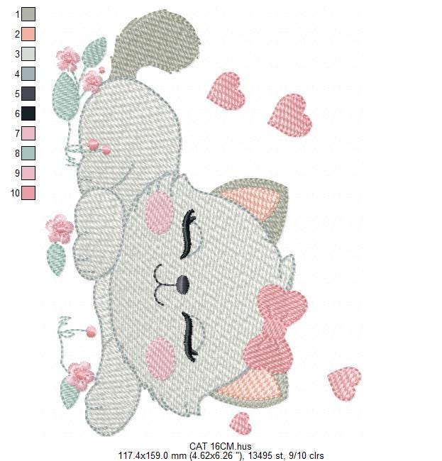 Sleeping Cat embroidery design - Kitty with bow and hearts machine embroidery pattern - Pet Baby girl file - Instant digital download pes jef