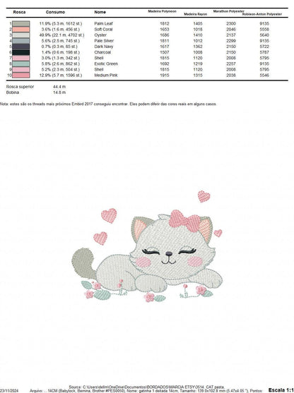 Sleeping Cat embroidery design - Kitty with bow and hearts machine embroidery pattern - Pet Baby girl file - Instant digital download pes jef