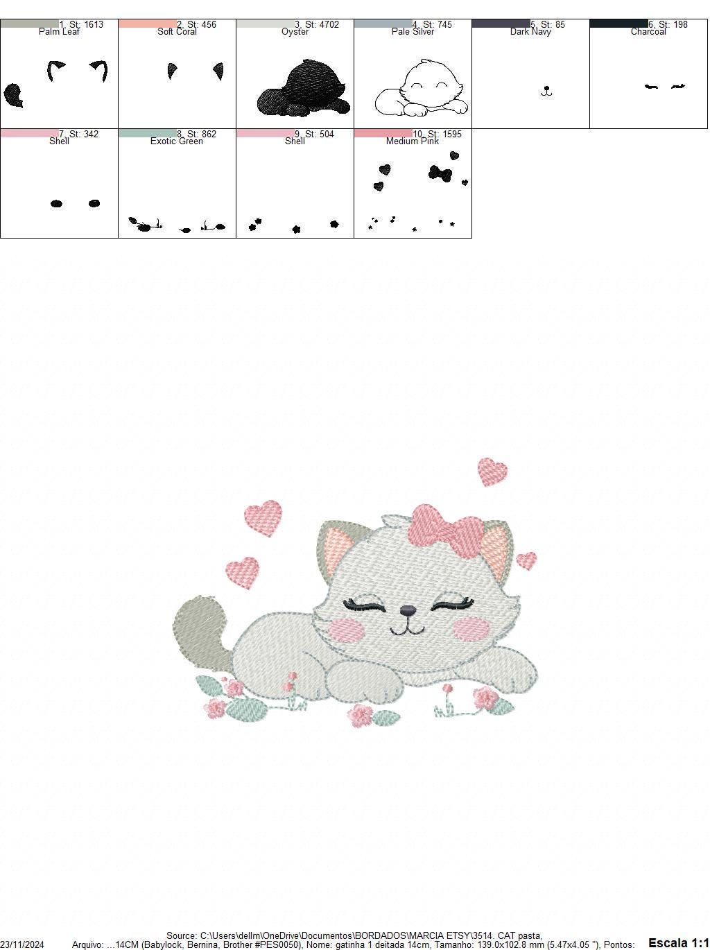 Sleeping Cat embroidery design - Kitty with bow and hearts machine embroidery pattern - Pet Baby girl file - Instant digital download pes jef