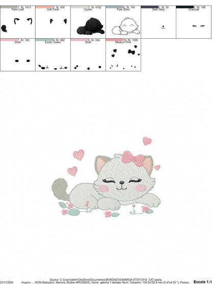 Sleeping Cat embroidery design - Kitty with bow and hearts machine embroidery pattern - Pet Baby girl file - Instant digital download pes jef