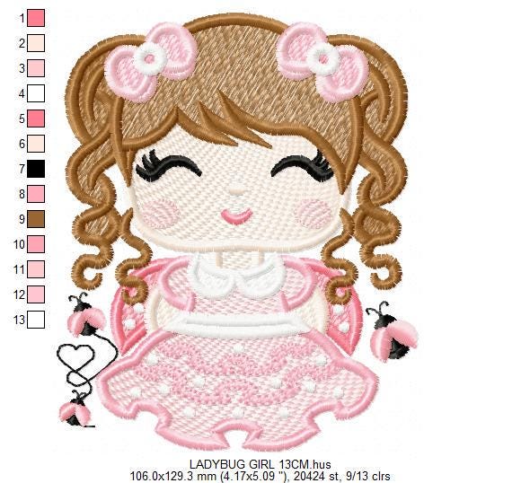 Ladybug embroidery designs - Girl with long hair embroidery design machine embroidery pattern - Girl dressed as ladybug - Instant download