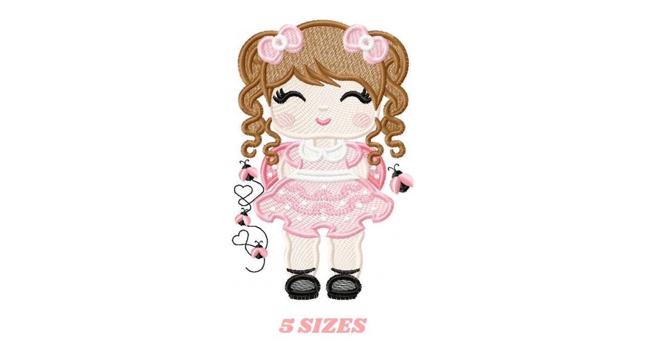 Ladybug embroidery designs - Girl with long hair embroidery design machine embroidery pattern - Girl dressed as ladybug - Instant download