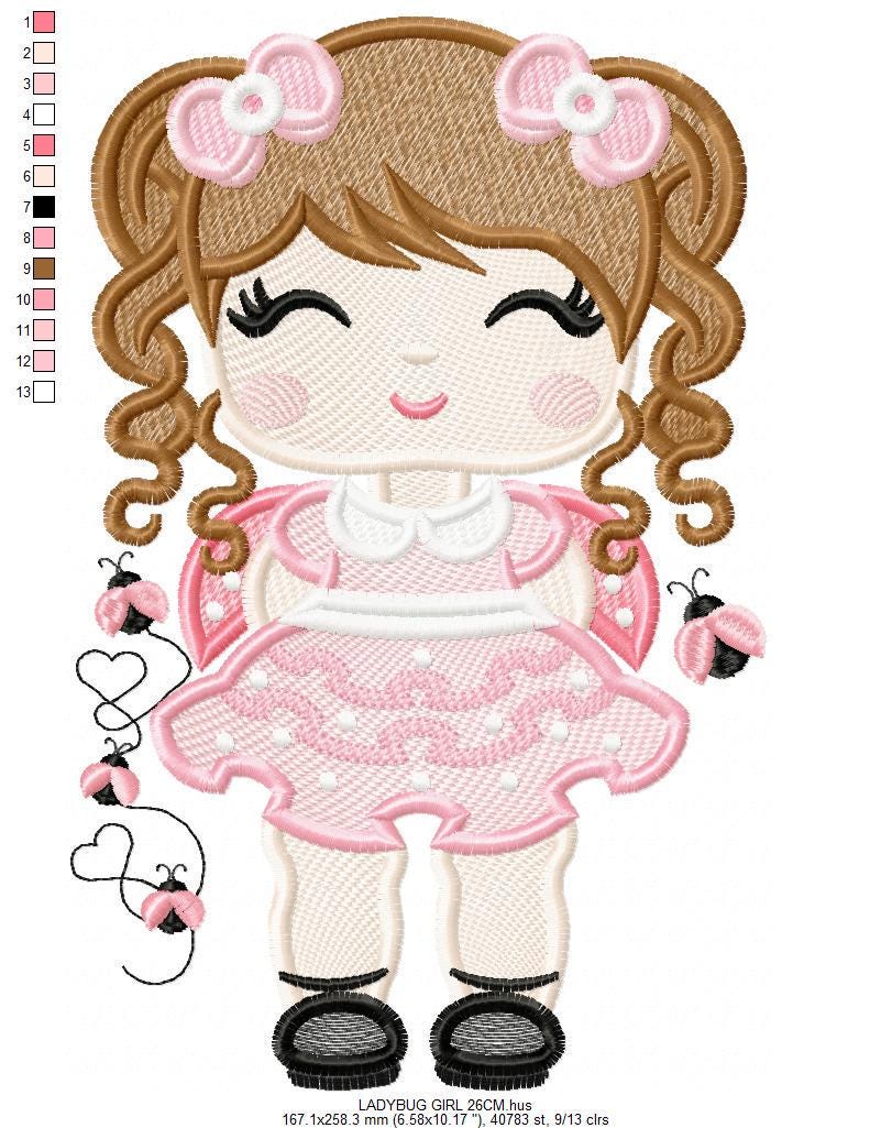 Ladybug embroidery designs - Girl with long hair embroidery design machine embroidery pattern - Girl dressed as ladybug - Instant download