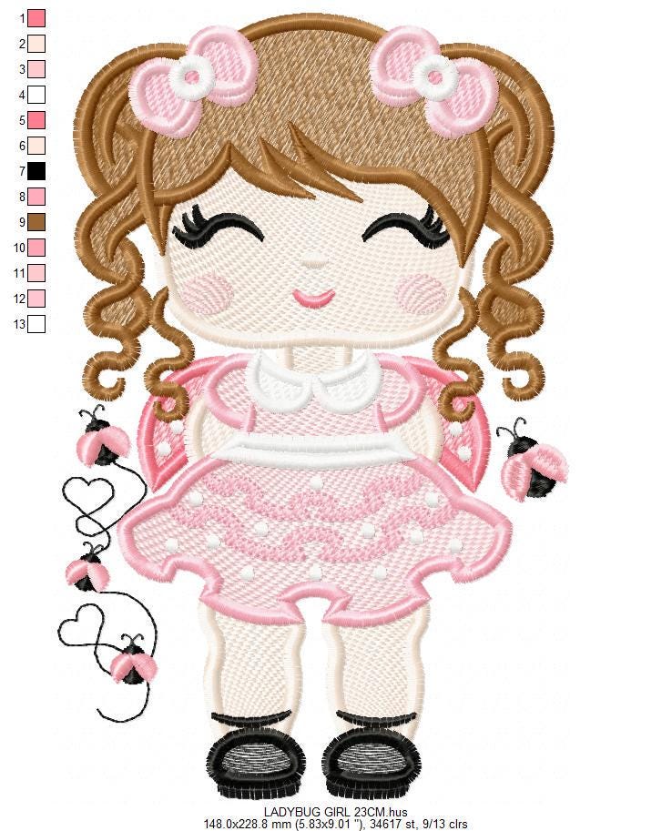 Ladybug embroidery designs - Girl with long hair embroidery design machine embroidery pattern - Girl dressed as ladybug - Instant download