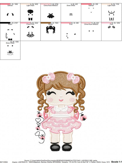 Ladybug embroidery designs - Girl with long hair embroidery design machine embroidery pattern - Girl dressed as ladybug - Instant download