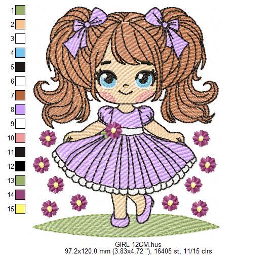 Young Girl with dress embroidery designs - Baby girl with lace and long hair embroidery design machine embroidery pattern - Instant download
