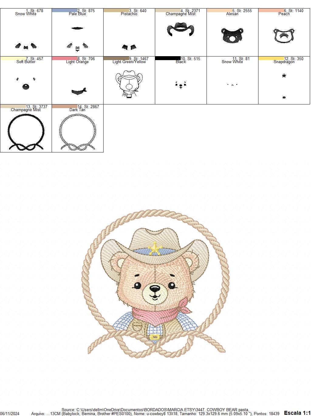 Cowboy Bear with Rope Frame embroidery designs - Teddy Bear with cowboy hat embroidery design machine embroidery pattern - Instant download