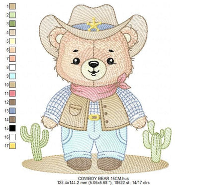 Cowboy Bear with Hat and cactus embroidery designs - Boy Teddy Bear Sheriff embroidery design machine embroidery pattern - Instant download