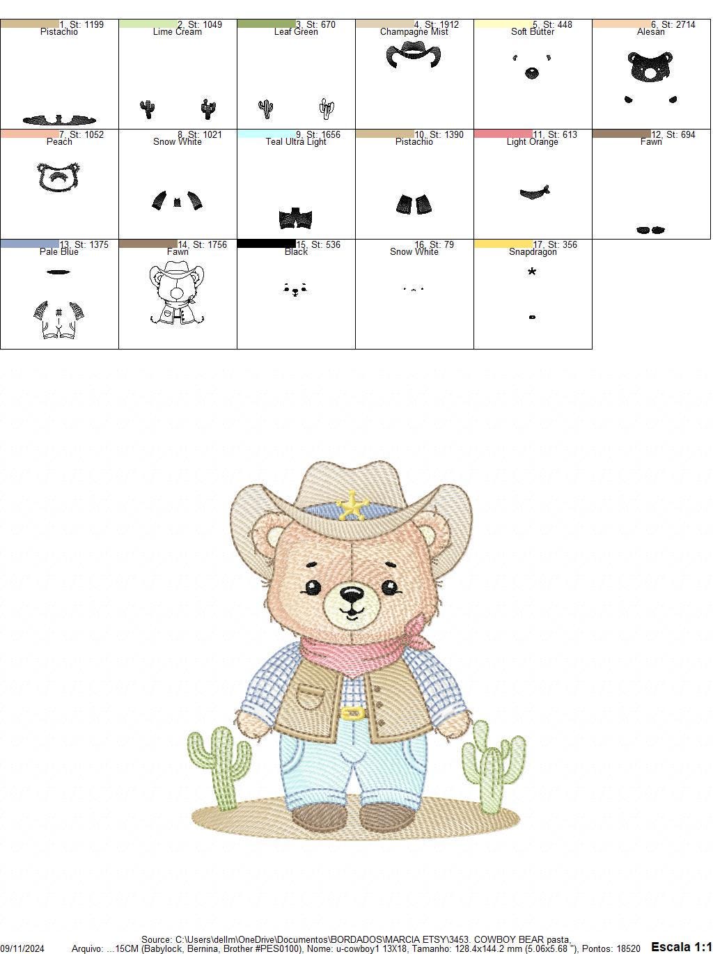 Cowboy Bear with Hat and cactus embroidery designs - Boy Teddy Bear Sheriff embroidery design machine embroidery pattern - Instant download