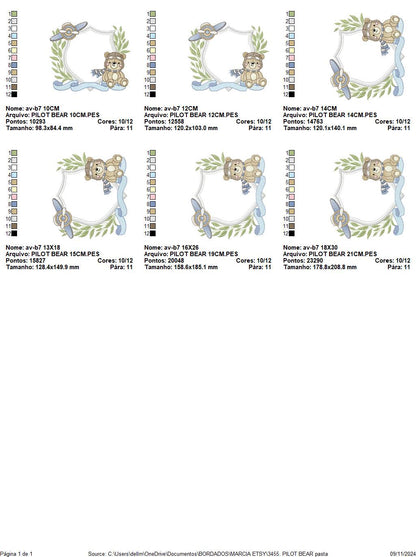 Pilot Bear frame embroidery designs - Aviator Teddy Bear with goggles laurel frame design machine embroidery pattern - Instant download pes