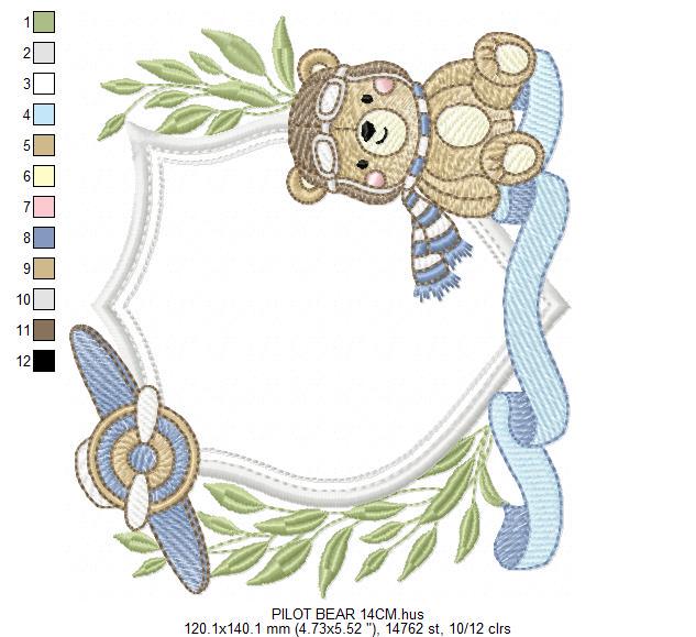 Pilot Bear frame embroidery designs - Aviator Teddy Bear with goggles laurel frame design machine embroidery pattern - Instant download pes
