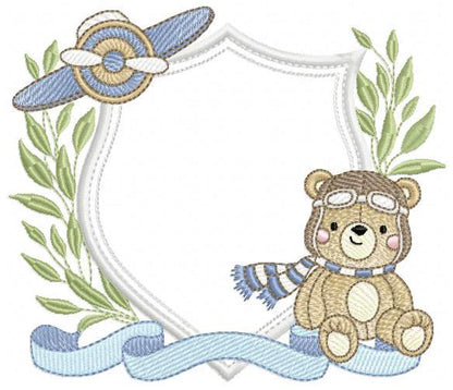 Pilot Bear frame embroidery designs - Aviator Teddy Bear with goggles laurel frame design machine embroidery pattern - Instant download pes