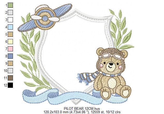 Pilot Bear frame embroidery designs - Aviator Teddy Bear with goggles laurel frame design machine embroidery pattern - Instant download pes